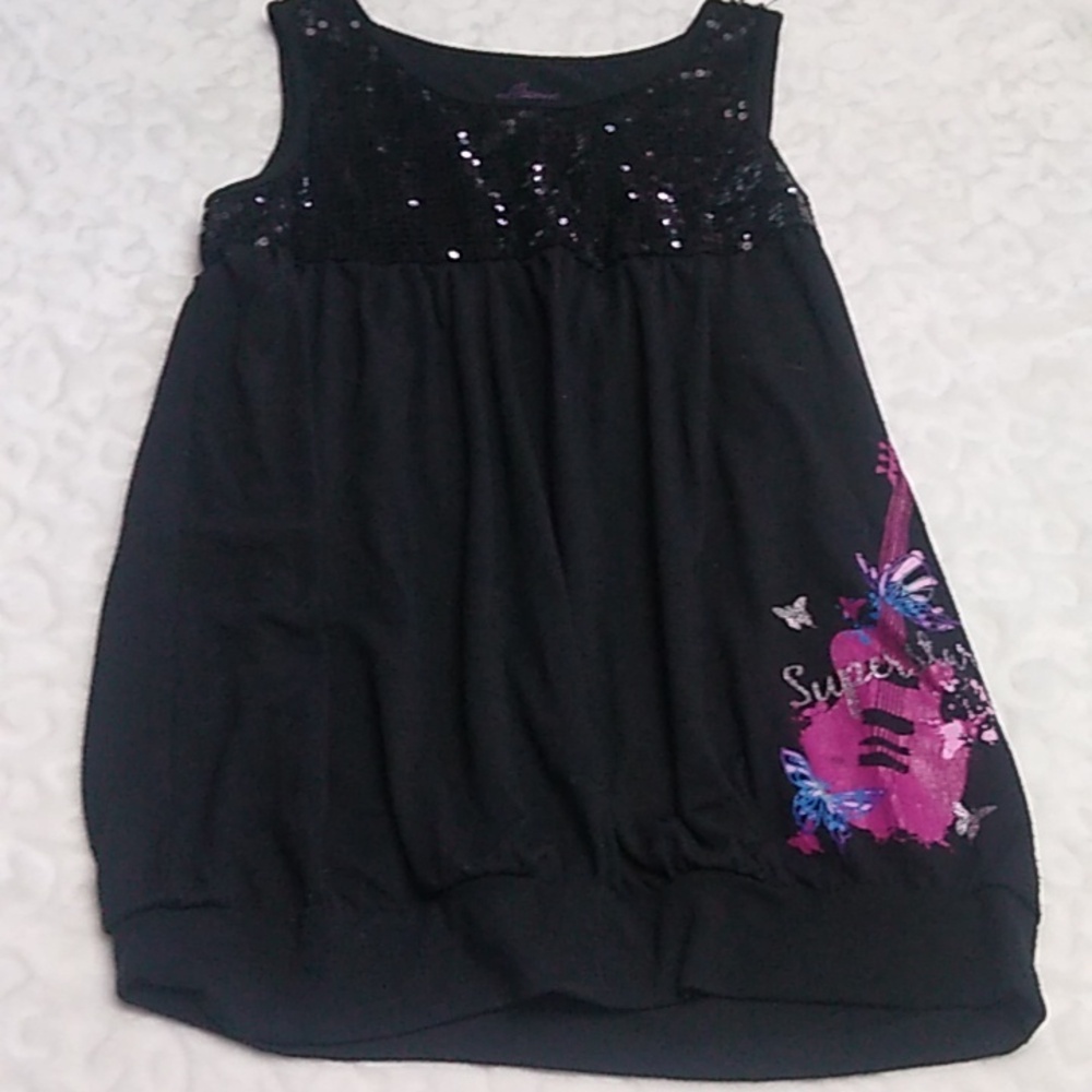 💖 Hannah Montana Black Sequin Tank Top With Guitar 🎸 Superstar Decal Size L